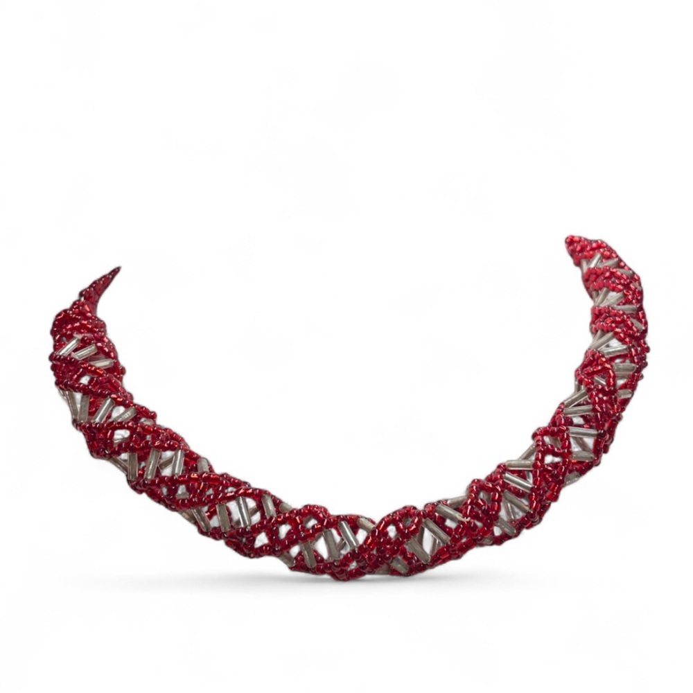 Y2K Style Red White DNA Helix‎ Avant Garde Statement Beaded Necklace